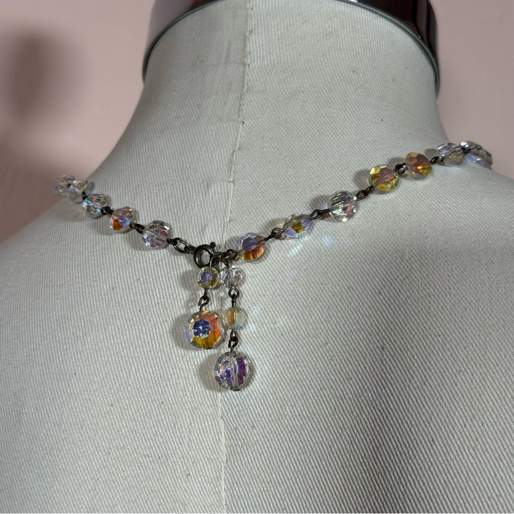 Vintage 1940’s Retro art deco aurora borealis glass crystal choker necklace 16in - Picture 5 of 13